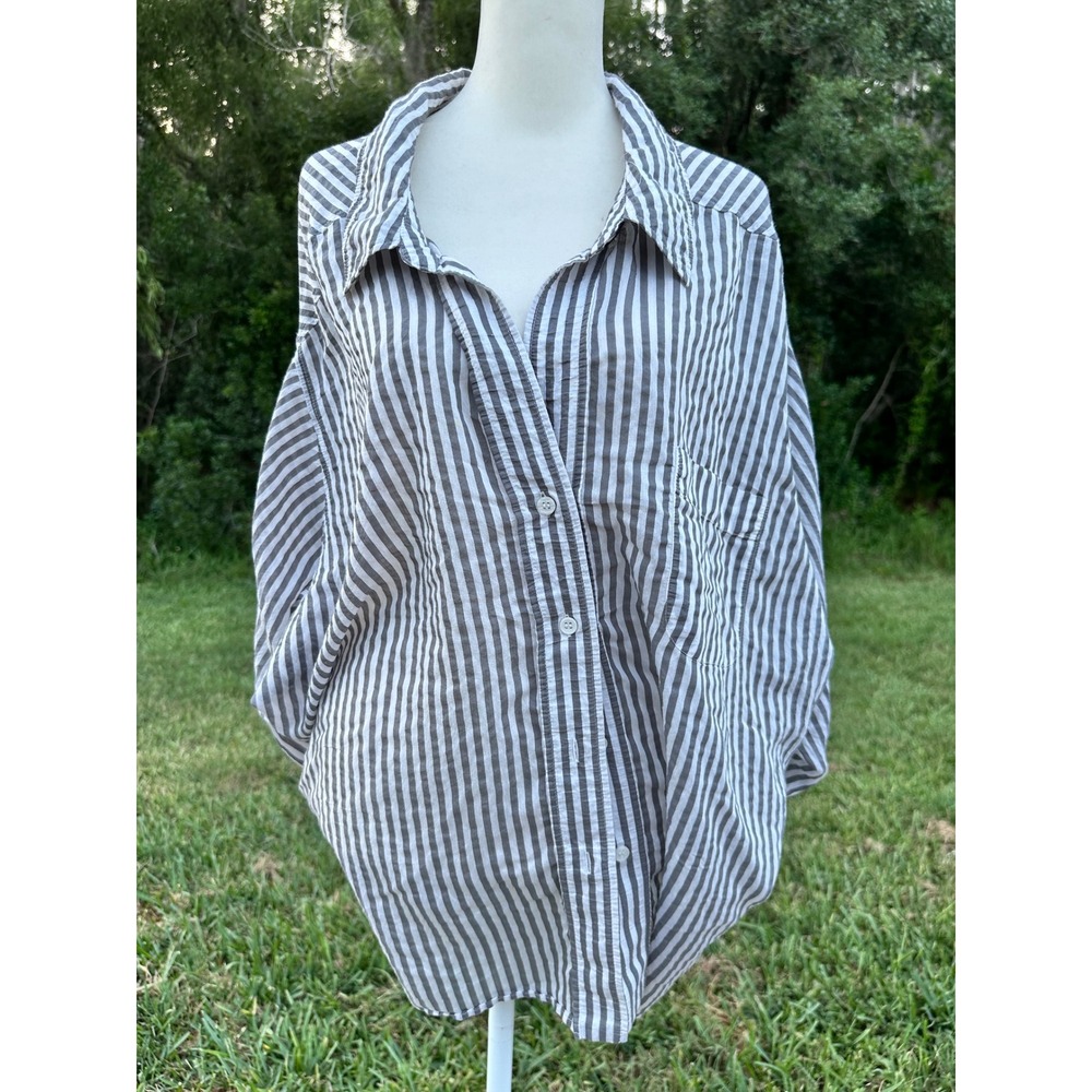 Zara Striped Minimalist Preppy Coastal Button Down Top Womens M Grey White